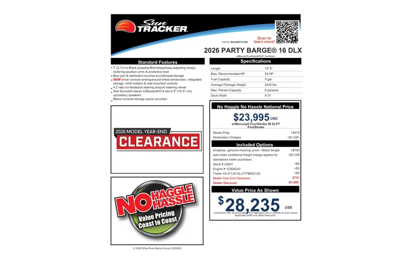 Slide: The Image of 2026 Sun Tracker Party Barge 16 DLX mit Standardfunktionen und Spezifikationen. Preis: $28.235. - 59