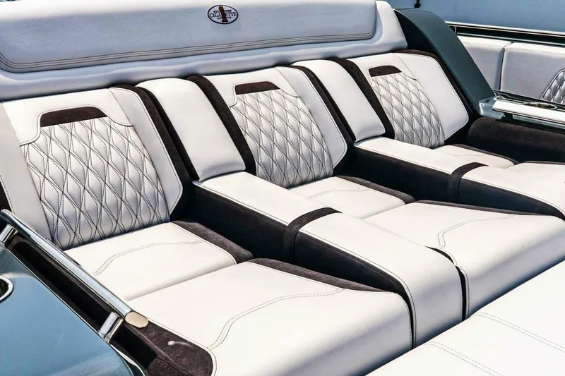 Slide: The Image of Luxurious interior seating of 2025 Cigarette 52' Thunder boat with elegant diamond stitching. - 30