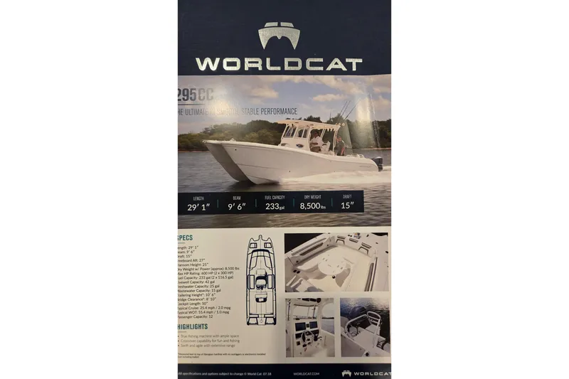 Slide: The Image of 2019 World Cat 295 CC boat brochure showcasing specifications and features. - 36