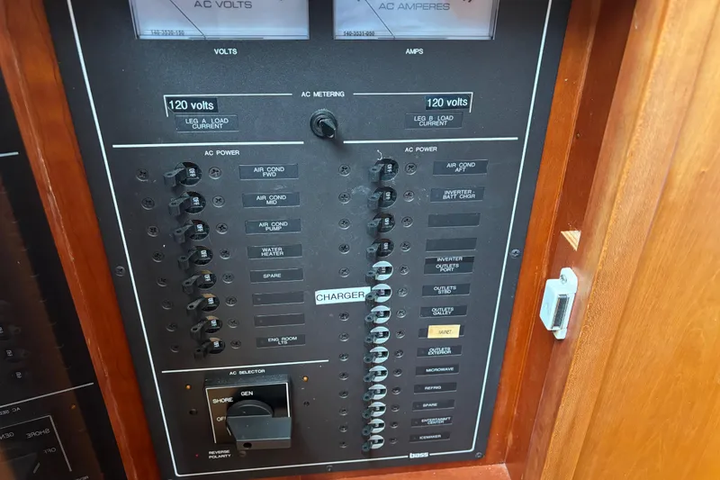 Slide: The Image of Electrical panel of a 2004 Sabre 42 Fly Bridge boat, featuring AC power controls. - 33