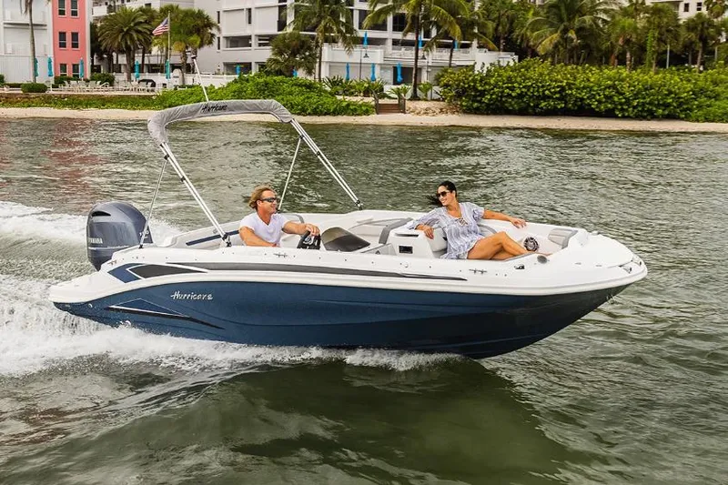 The Image of Manufacturer Provided Image: 2023 Hurricane SunDeck Sport 205 OB cruising on water with two passengers. - 0