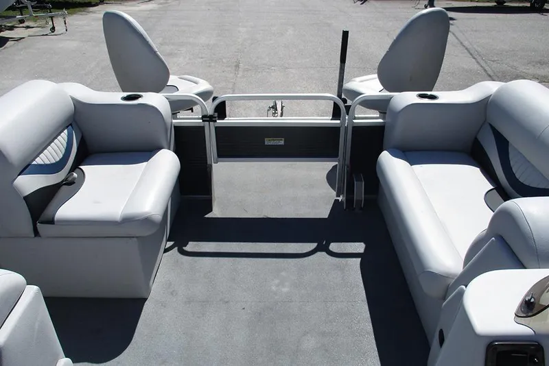Slide: The Image of 2018 Apex Marine 820 Lanai Sport Cruise Adventure pontoon boat interior with gray seating. - 13