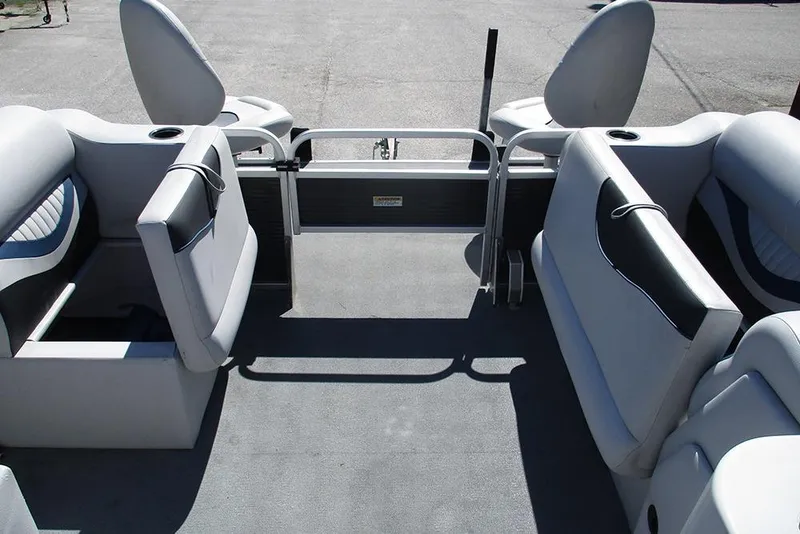 Slide: The Image of 2018 Apex Marine 820 Lanai Sport Cruise Adventure boat interior with seating and open deck. - 14