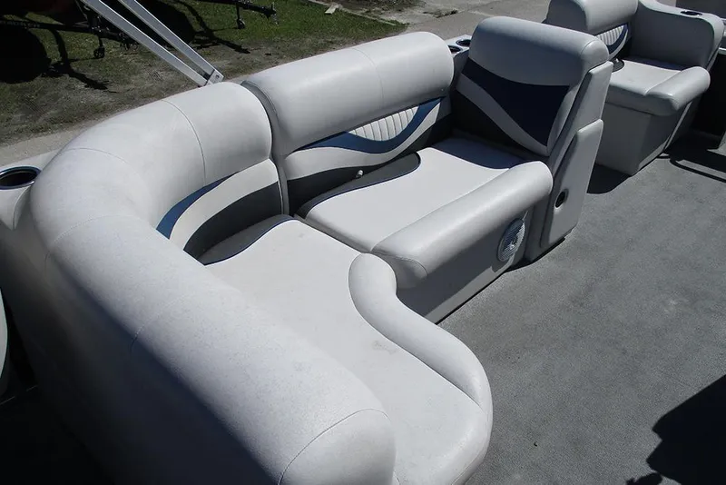 Slide: The Image of 2018 Apex Marine 820 Lanai Sport Cruise Adventure boat interior with plush seating. - 17
