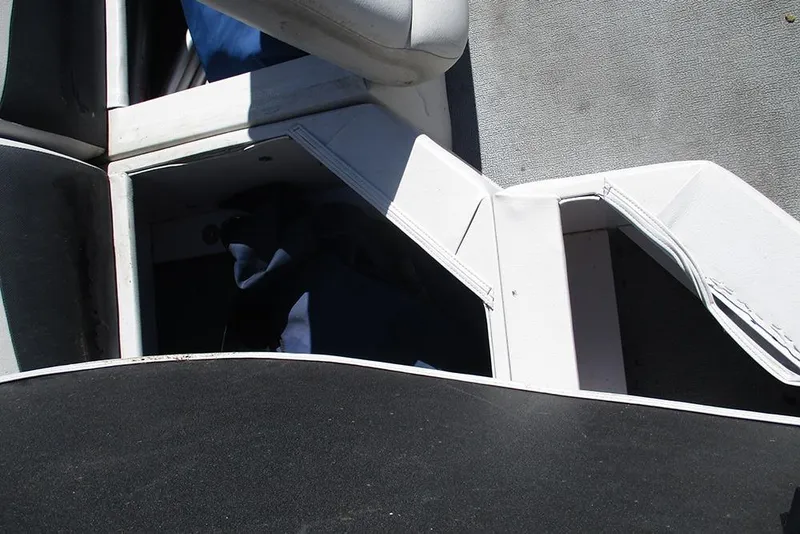 Slide: The Image of Interior view of 2018 Apex Marine 820 Lanai Sport Cruise Adventure boat seating area. - 20