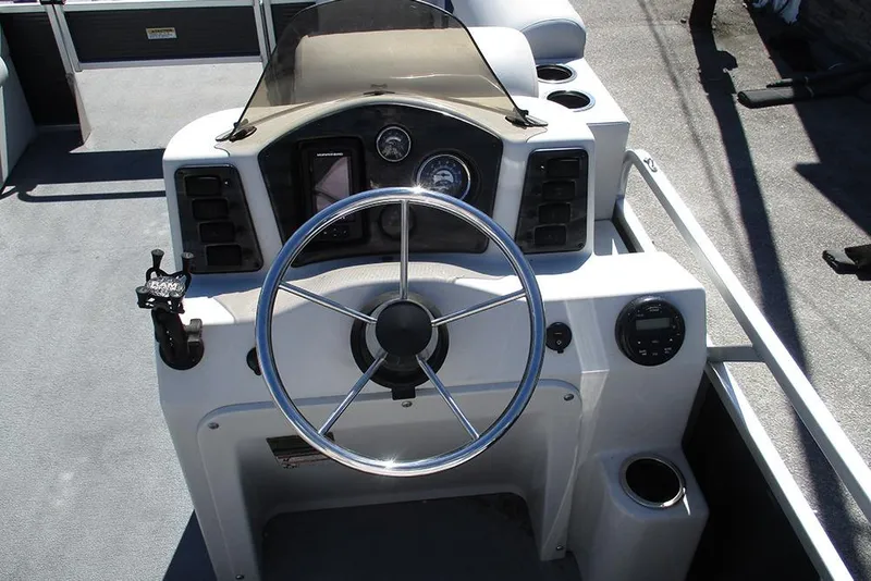Slide: The Image of Steering console of 2018 Apex Marine 820 Lanai Sport Cruise Adventure pontoon boat. - 24