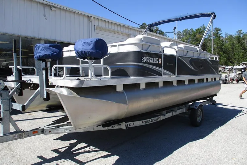 Slide: The Image of 2018 Apex Marine 820 Lanai Sport Cruise Adventure pontoon boat on trailer. - 3