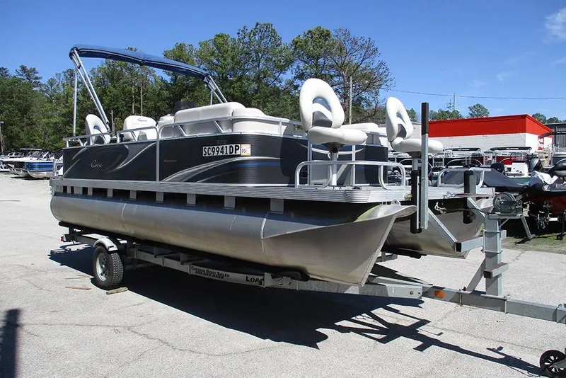 Slide: The Image of 2018 Apex Marine 820 Lanai Sport Cruise Adventure pontoon boat on trailer. - 5