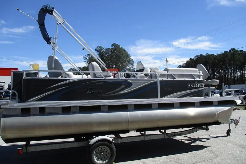 Slide: The Image of 2018 Apex Marine 820 Lanai Sport Cruise Adventure pontoon boat on trailer. - 6