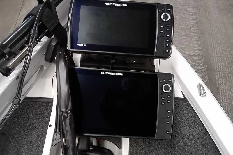 Slide: The Image of Dual Humminbird Helix 10 fish finders on 2022 Vexus AVX1980 boat dashboard. - 11
