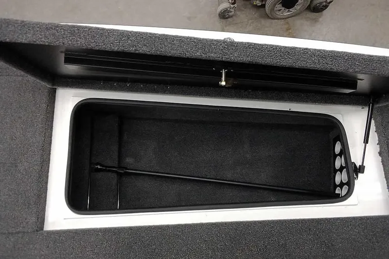 Slide: The Image of Storage compartment of 2022 Vexus AVX1980 boat, featuring carpeted interior and hydraulic lift support. - 15