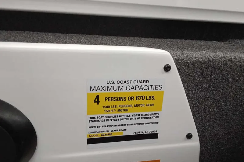Slide: The Image of 2022 Vexus AVX1980 boat capacity label, U.S. Coast Guard compliant, 4 persons or 670 lbs. - 19
