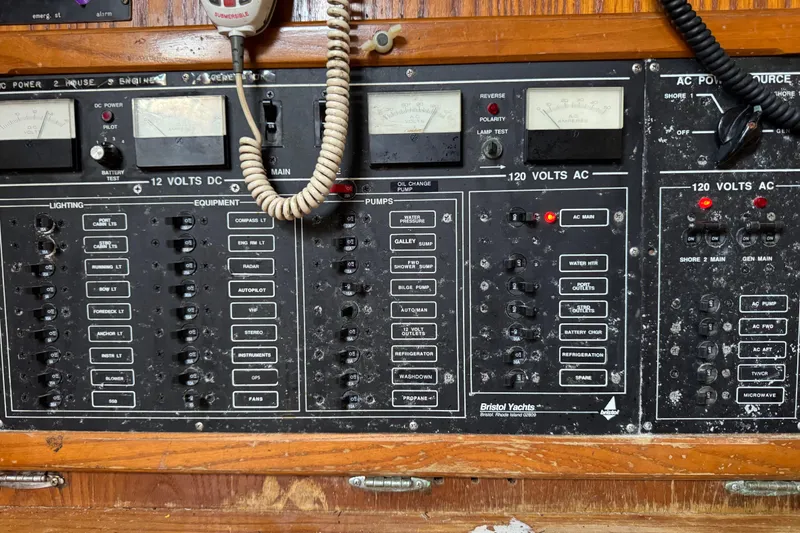 Slide: The Image of Electrical control panel on a 1981 Bristol 41.1 Aft Cockpit yacht. - 13