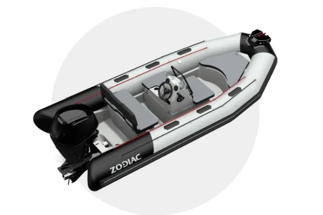 Slide: The Image of Manufacturer Provided Image: Zodiac Open 4.8 inflatable boat, 2026 model, in black and white. - 2