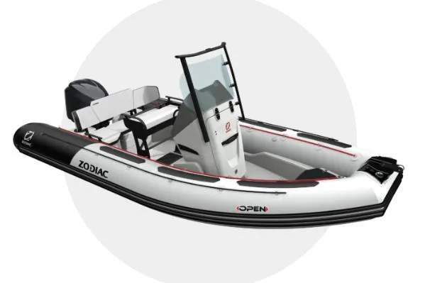Slide: The Image of Manufacturer Provided Image: Zodiac Open 5.5 boat, 2026 model, white and black, side view. - 5