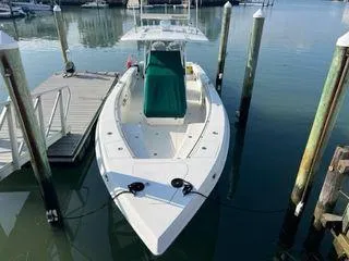 Slide: The Image of Spectre 34 boat, 2008 model, docked at marina with green seat cover. - 4