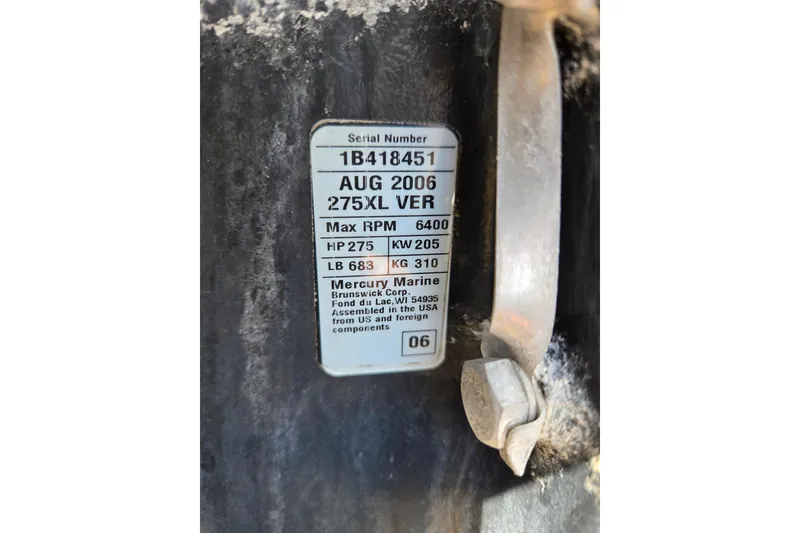 Slide: The Image of Label on Mercury Marine engine, serial 1B418451, 275XL VER, max RPM 6400, 275 HP. - 10