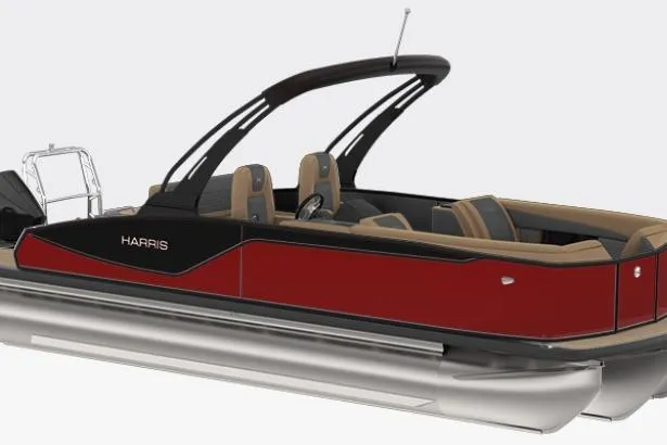 The Image of 2026 Harris Sunliner 230 pontoon boat with sleek red and black design. - 1