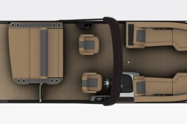Slide: The Image of 2026 Harris Sunliner 230 boat interior layout with tan seating and modern design. - 3