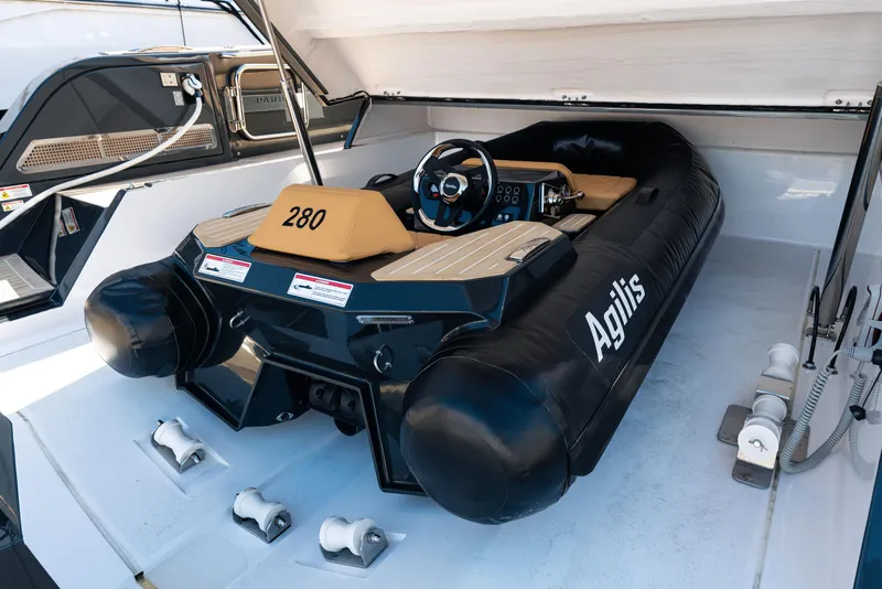 Slide: The Image of 2022 Pardo Yachts 50 with Agilis inflatable tender in storage compartment. - 39