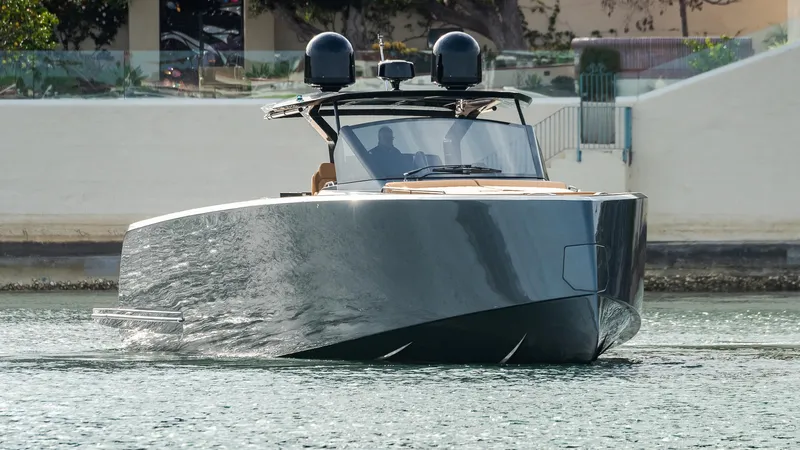 Slide: The Image of 2022 Pardo Yachts 50 cruising on water, sleek design, modern luxury boat. - 7