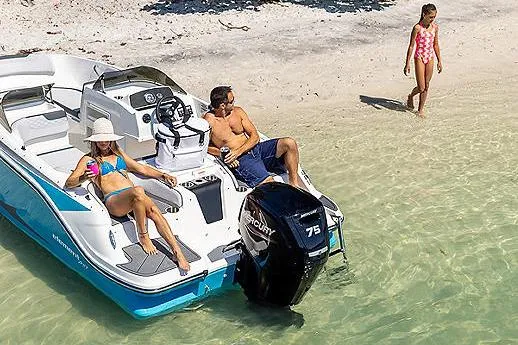 Slide: The Image of 2024 Bayliner Element M17 boat interior with seating and steering console. - 6