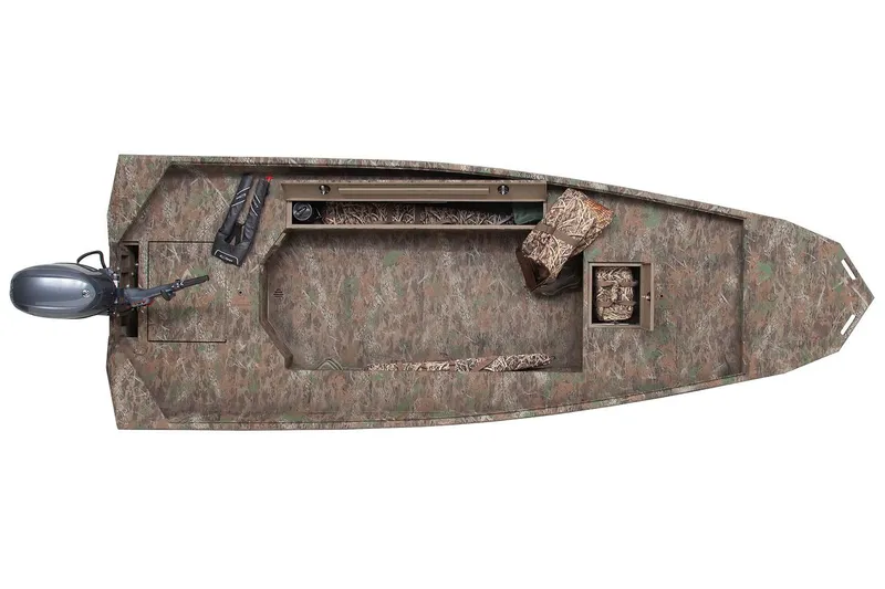 Slide: The Image of Manufacturer Provided Image: 2026 G3 Gator Tough 17 DK boat, top view, camo design, outboard motor. - 8