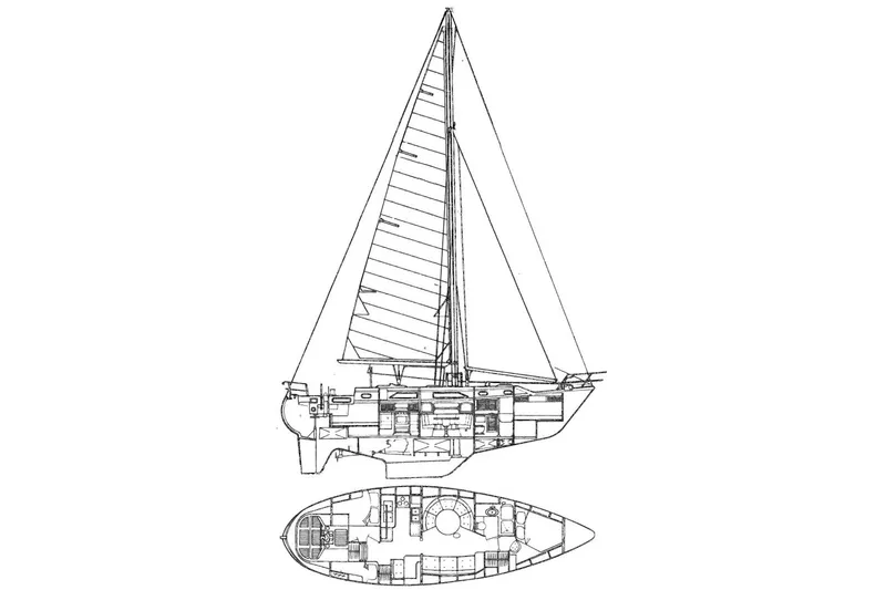 Slide: The Image of Blueprint of 1990 Slocum 43 sailboat, showcasing detailed interior and exterior design. - 11