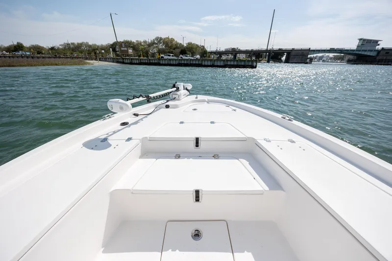 Slide: The Image of 2019 Sea Fox 220 Viper boat on water near a bridge under clear skies. - 17