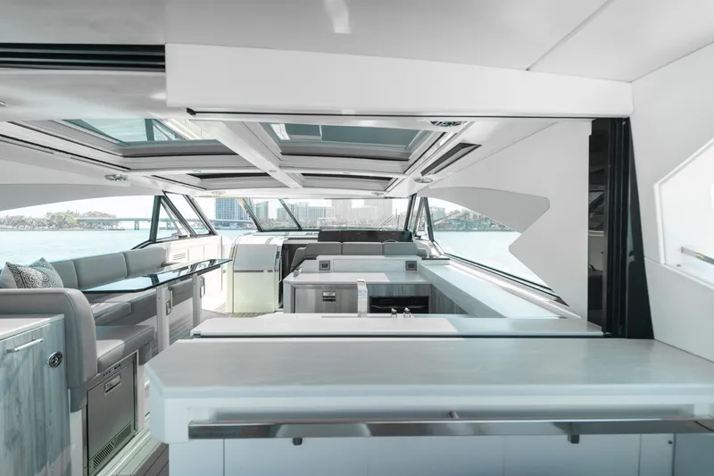Slide: The Image of Luxurious interior of 2022 Formula 500 Super Sport Crossover yacht with modern design and panoramic windows. - 44