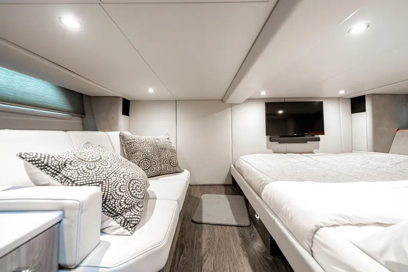 Slide: The Image of Luxurious interior of 2022 Formula 500 Super Sport Crossover with modern bedding and seating. - 59