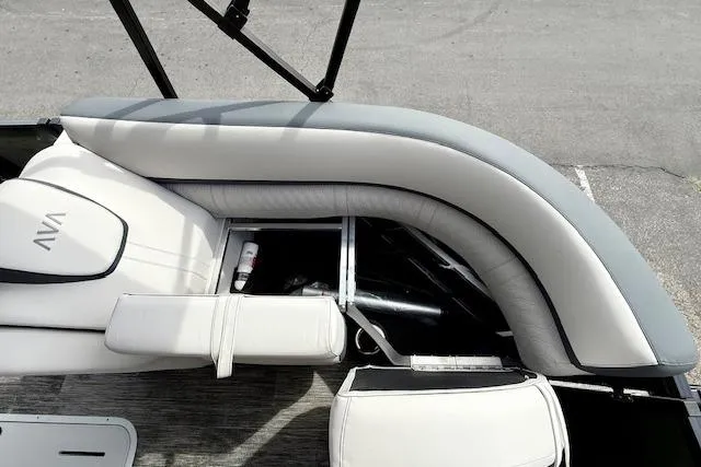 Slide: The Image of 2026 Avalon LSZ Quad Lounge Shift boat interior with sleek, modern seating design. - 27