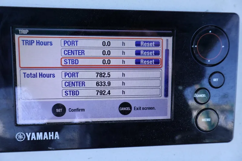 Slide: The Image of Yamaha display showing trip and total engine hours for Contender 35 LS, 2012 model. - 12