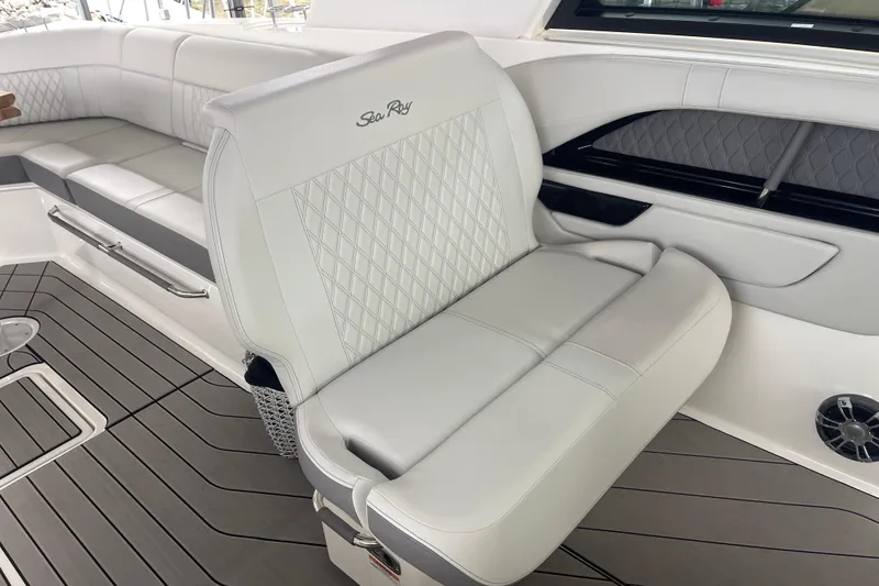 Slide: The Image of Luxurious interior seating of 2023 Sea Ray SLX 400 boat with elegant design. - 39