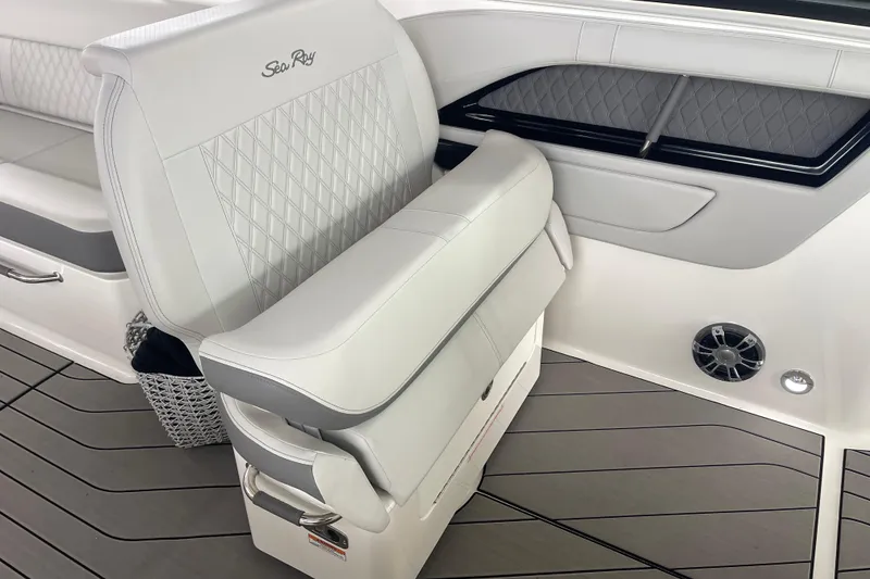 Slide: The Image of 2023 Sea Ray SLX 400 interior with luxurious white seating and modern design. - 41