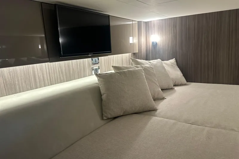 Slide: The Image of Luxurious interior cabin of 2023 Sea Ray SLX 400 yacht with modern decor and TV. - 61