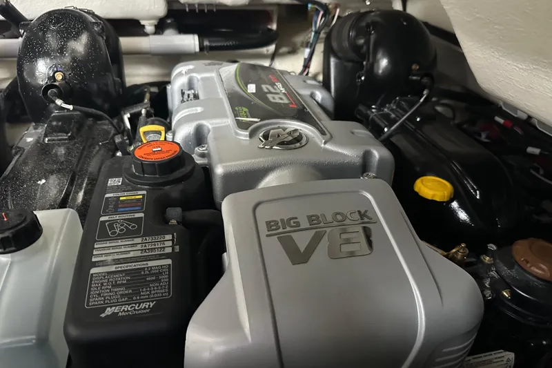 Slide: The Image of Engine compartment of a 2023 Sea Ray SLX 400 with Big Block V8 engine. - 74
