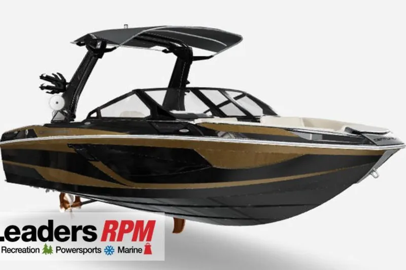 Slide: The Image of 2024 Centurion Ri230 boat with sleek black and gold design, showcased by Leaders RPM. - 104