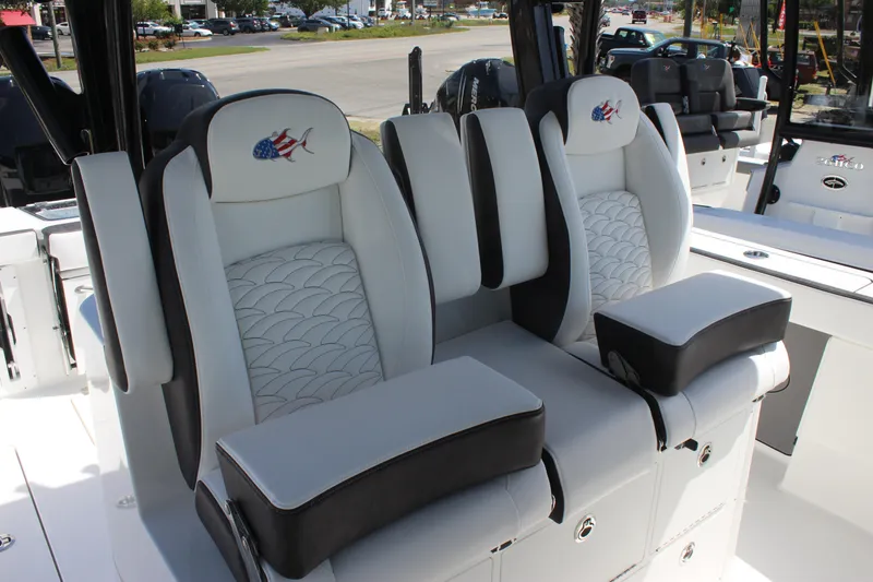 Slide: The Image of 2023 Crevalle 33 CSF boat seats with custom embroidery and armrests. - 22