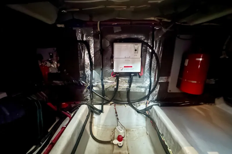 Slide: The Image of Engine room of 2005 Meridian 459 Motoryacht with wiring and equipment. - 35