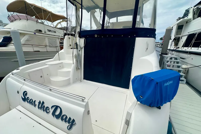 Slide: The Image of 2005 Meridian 459 Motoryacht docked, featuring "Seas the Day" on the stern. - 6