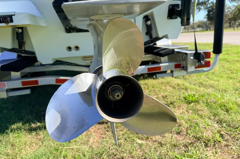 Slide: The Image of Close-up of a 2010 Canyon Bay 24H boat propeller on a trailer. - 97