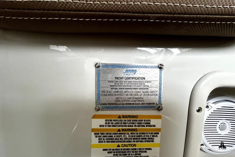 Slide: The Image of 2017 Crownline Eclipse E29 XS yacht certification and safety warning labels. - 53