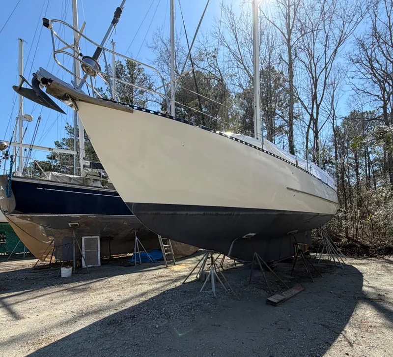 Slide: The Image of 1985 Benford 39 sailboat on dry dock. - 2