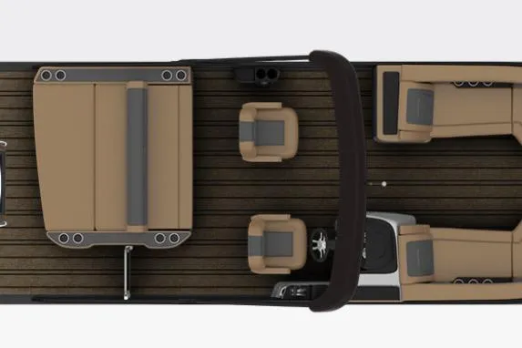 Slide: The Image of Top view of 2026 Harris Sunliner 250 pontoon boat with tan seating and dark wood flooring. - 3