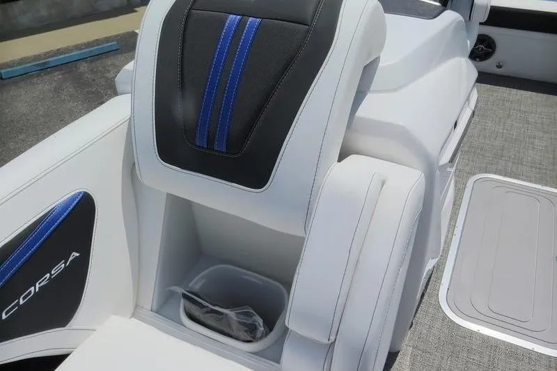 Slide: The Image of 2025 Barletta Corsa 23UC boat seat with blue accents and storage compartment. - 10