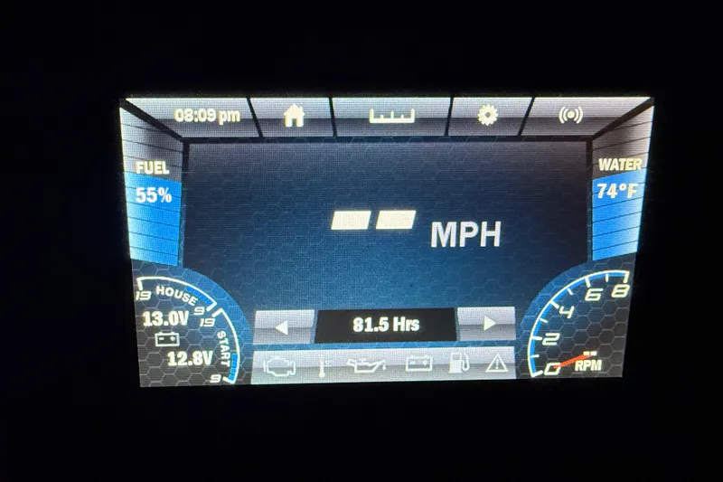 Slide: The Image of Dashboard display of a 2020 Yamaha Boats 195 FSH Sport showing speed, fuel, and water temperature. - 7