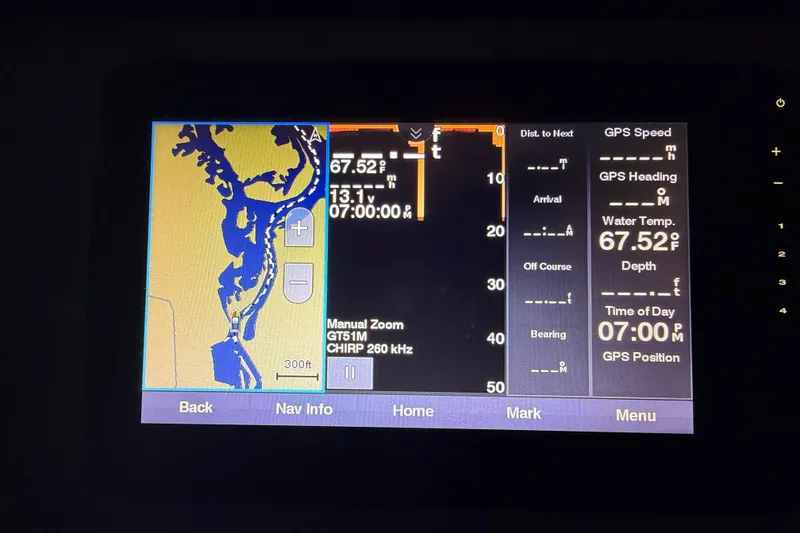 Slide: The Image of Yamaha Boats 2020 195 FSH Sport GPS display showing map, water temperature, and time. - 8
