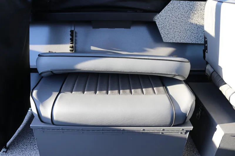 Slide: The Image of 2026 Alumaweld Stryker X202 boat seat with gray upholstery and storage compartment. - 34