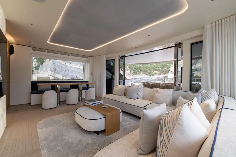 Slide: The Image of Luxurious interior of 2024 Benetti Oasis 34M yacht, featuring elegant seating and scenic views. - 23